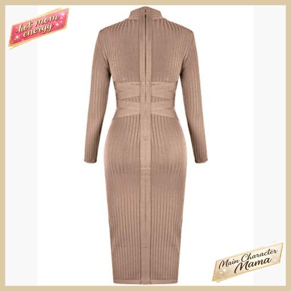Cross Strap Ribbed Bandage Bodycon Midi Dress Long Sleeve Fall Party Wear - Picture 5 of 6